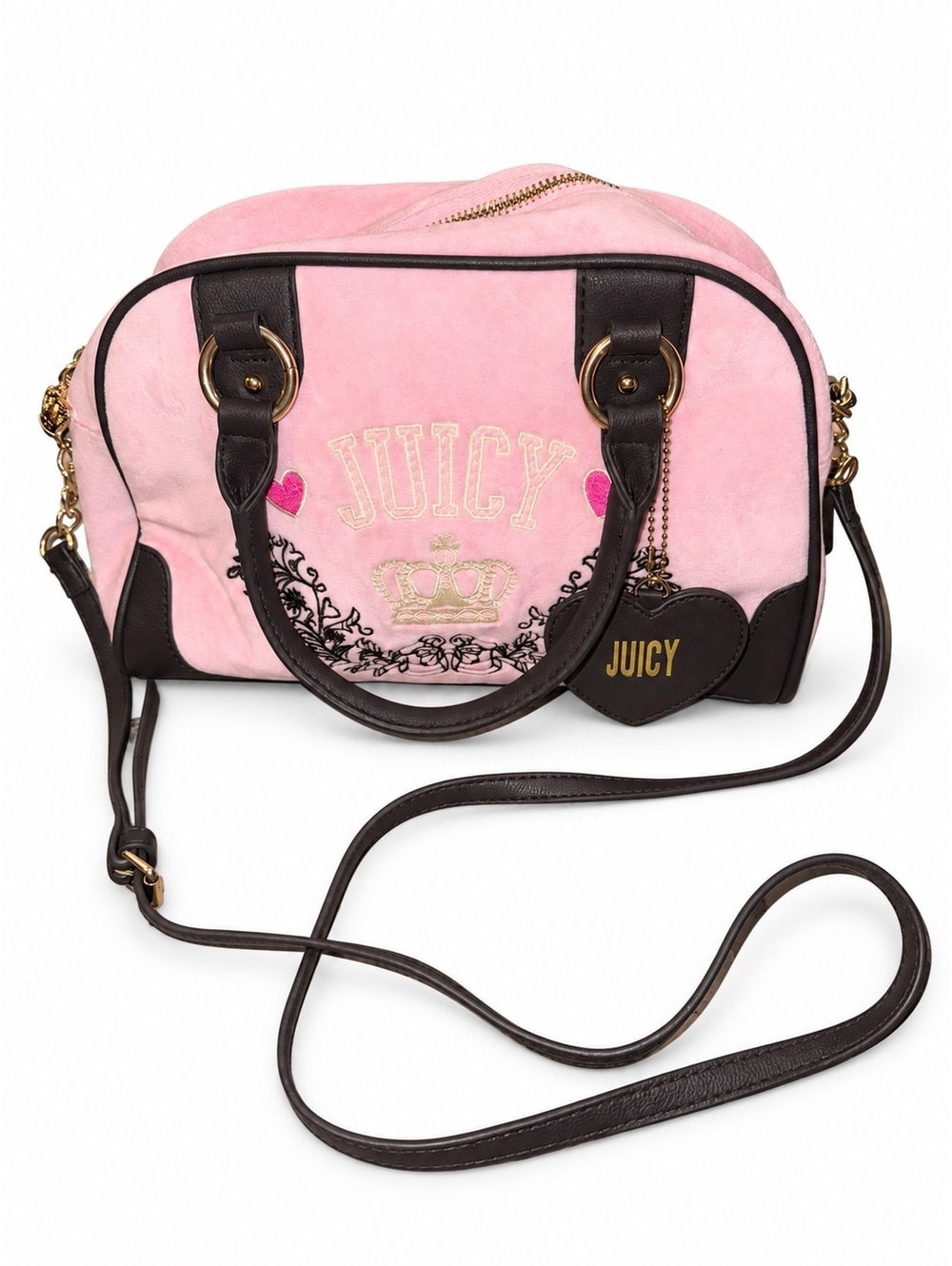 Juicy Couture Pink Heritage Bowler Bag with Heart Charm & Crossbody Strap